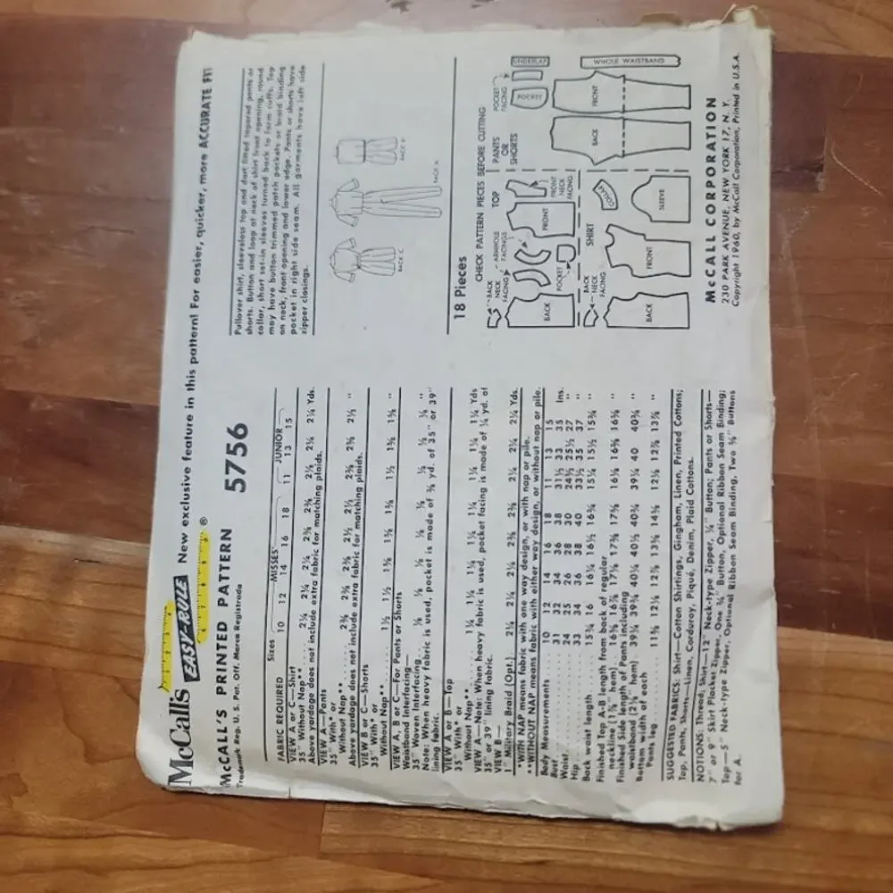 McCall's 5756 Misses Junior Size 13 bust 33 Vintage Sewing Pattern Unused 60s